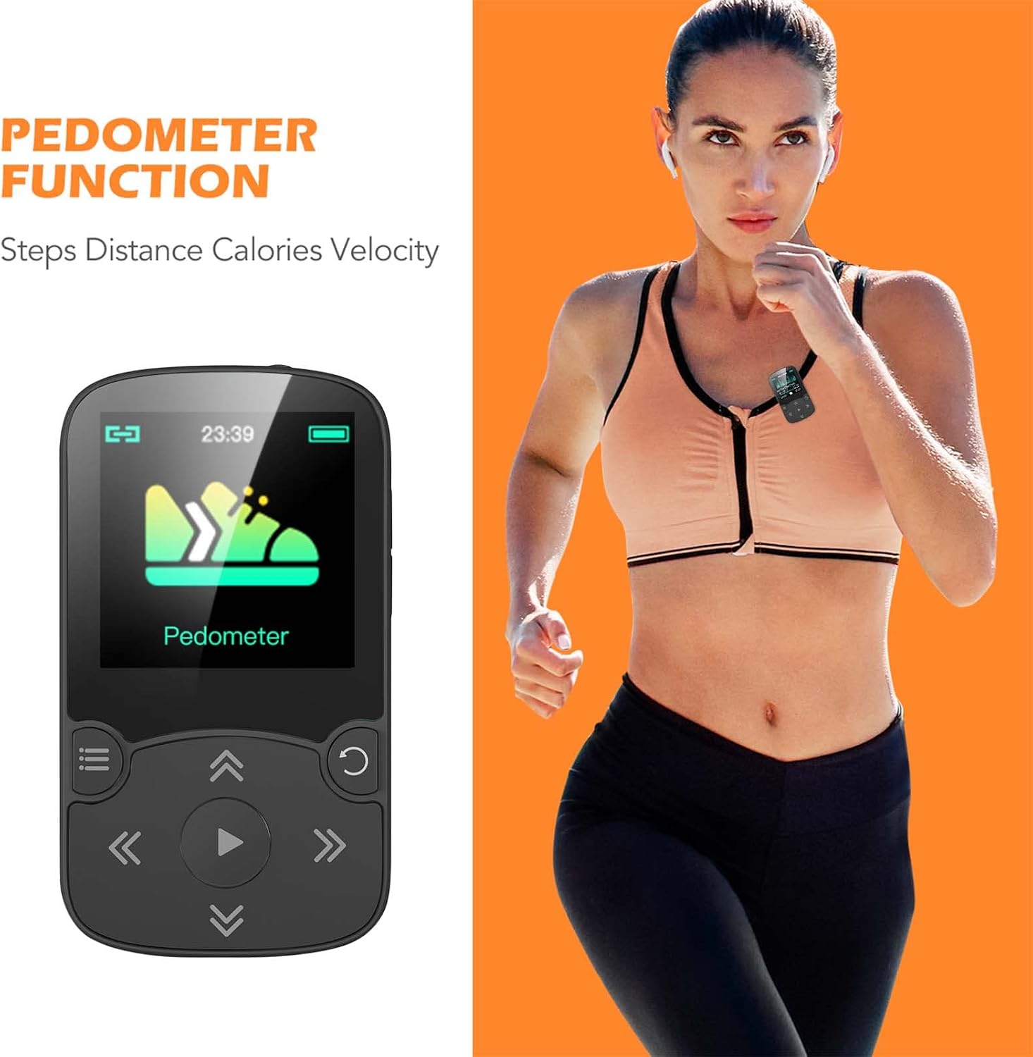 AGPTEK 64GB MP3 Player with Clip, A65 Bluetooth 5.3 Music Player for Sports | with FM Radio, Voice Recorder for Running, Supports up to 128GB TF Card, Orange
