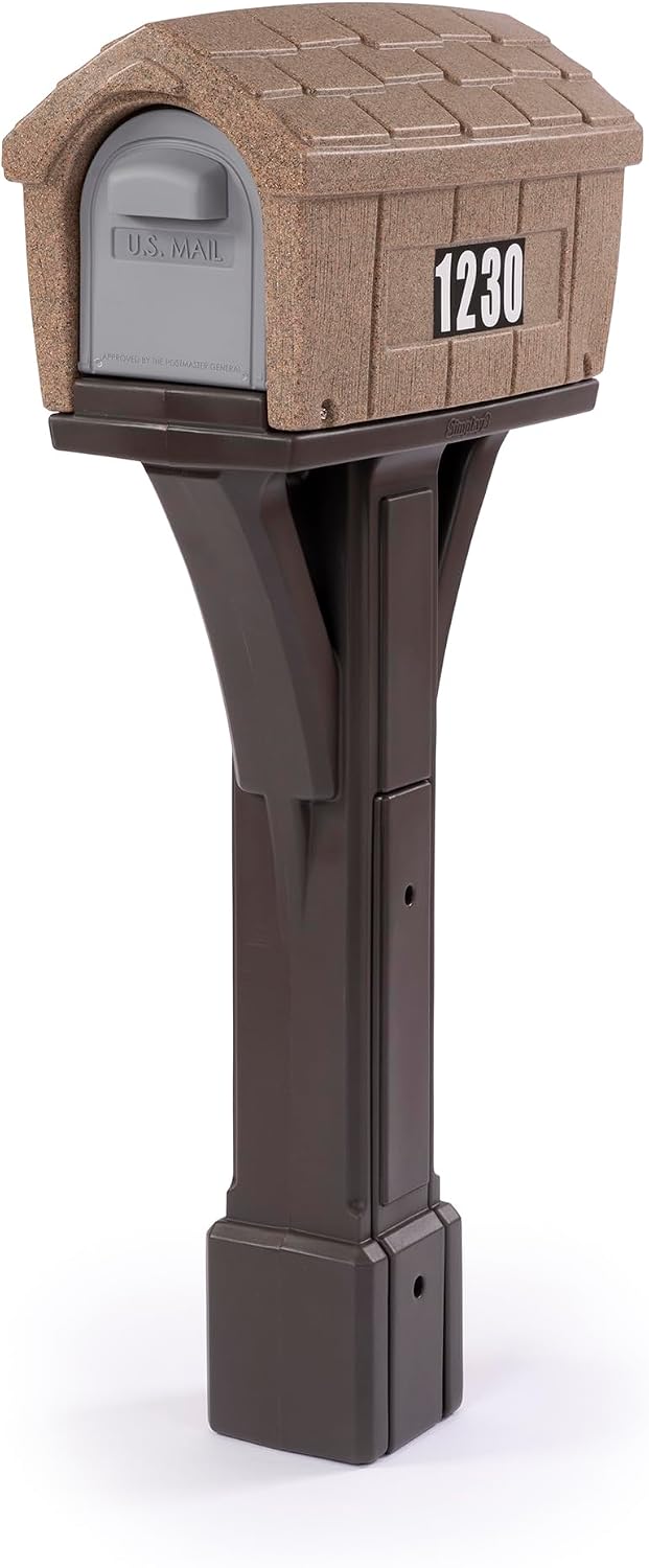 Simplay3 Rustic Home Plastic Residential Cabin Mailbox & Post Mount Combo Kit with 2 Access Doors - Sandstone, Made in USA