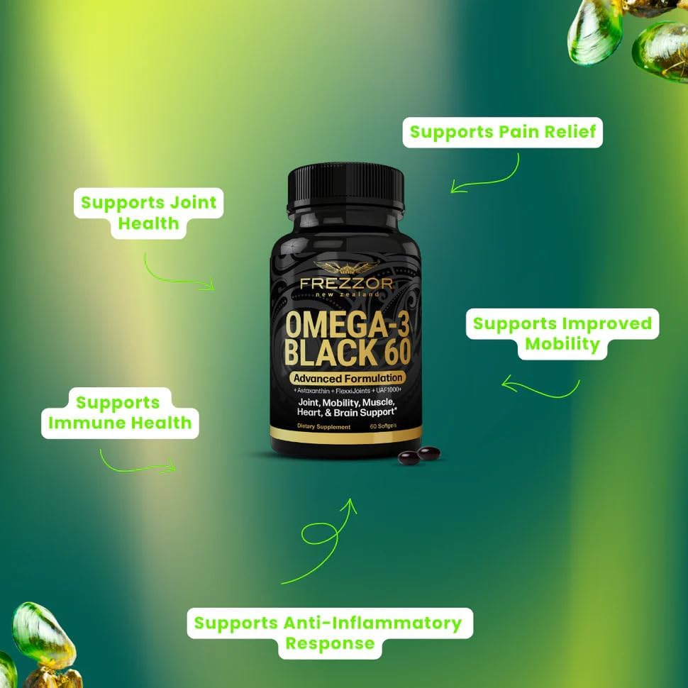 FREZZOR Omega 3 Black for Joint Care & Comfort - New Zealand Green Lipped Mussel Oil Capsules, 53x Higher Potency with UAF1000+ Super Antioxidant