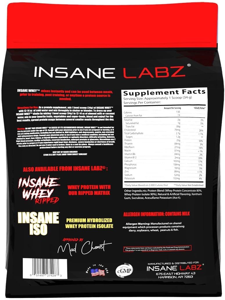 Insane Labz Insane Whey,100% Muscle Building Whey Protein, Post Workout, BCAA Amino Profile, Mass Gainer, Meal Replacement, 60 Srvgs, (Chocolate)