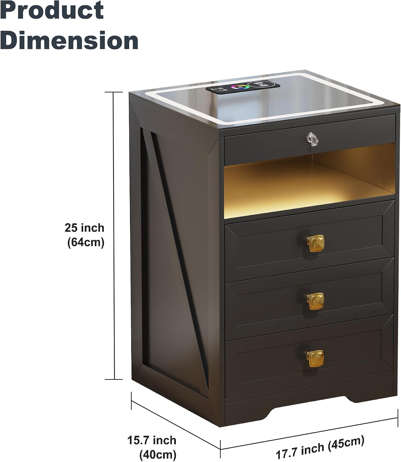 Lvifur LED Nightstand with Lockable Gun Drawer and Human Sensor, Black | USB & Type-C Charging Station, 3 Dimmable Lights, Adjustable Brightness, 3 Drawers, Farmhouse Style, Human Body Induction