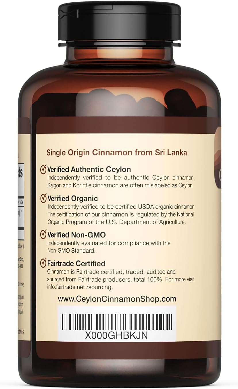 Organic Ceylon Cinnamon Capsules, USDA Certified Supplement - 90 Count | Premium Grade, True Sri Lankan Variety, Cinnamomum Verum, All-Natural, Non-GMO, Gluten Free, Made in the USA (GMP)