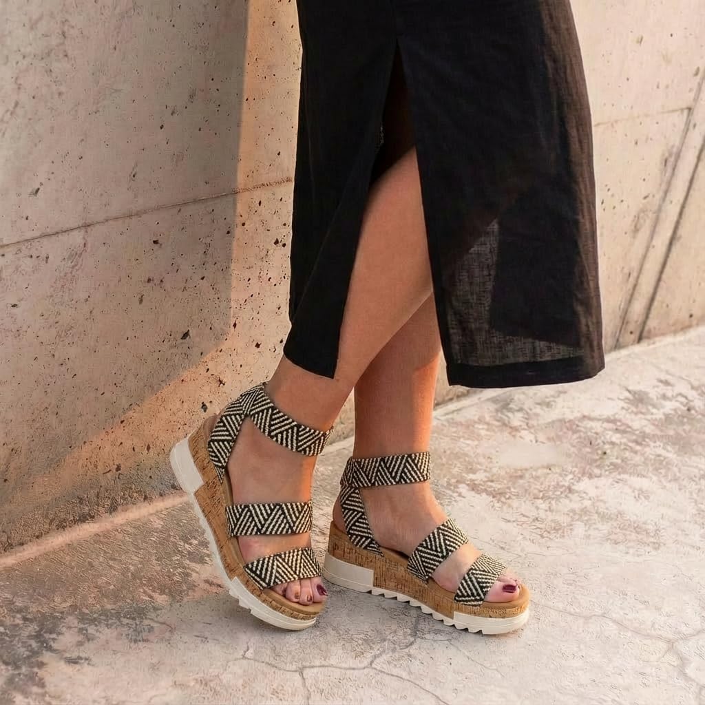 CUSHIONAIRE Naomi Cork Wedge Sandals for Women – Soft Stretch Straps Comfortable Platform Sandals for Women with Memory Foam Insole