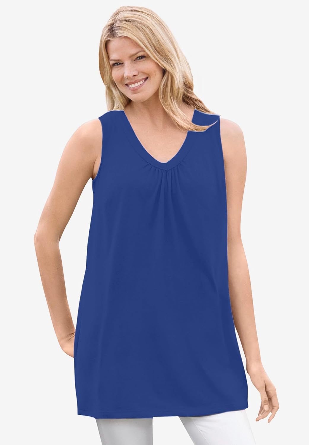 Woman Within Perfect Sleeveless Shirred V-Neck Tunic
