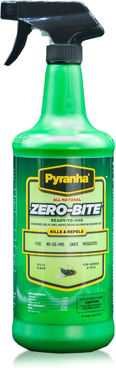PYRANHA Zero-Bite All Natural Fly Spray - Ready to Use Water Based Repellent for Horses, Dogs, Cats, Ferrets, Caged Pets, Livestock | Repels Flies, Gnats, Mosquitoes, No-See-UMS