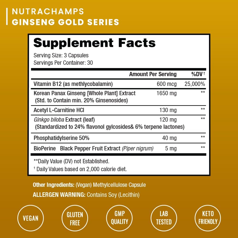 NutraChamps Korean Red Panax Ginseng Capsules | Extra Strength Ginsenosides for Energy, Focus, Performance, Vitality & Immune Support | Korean Ginseng Root Extract for Men (120)