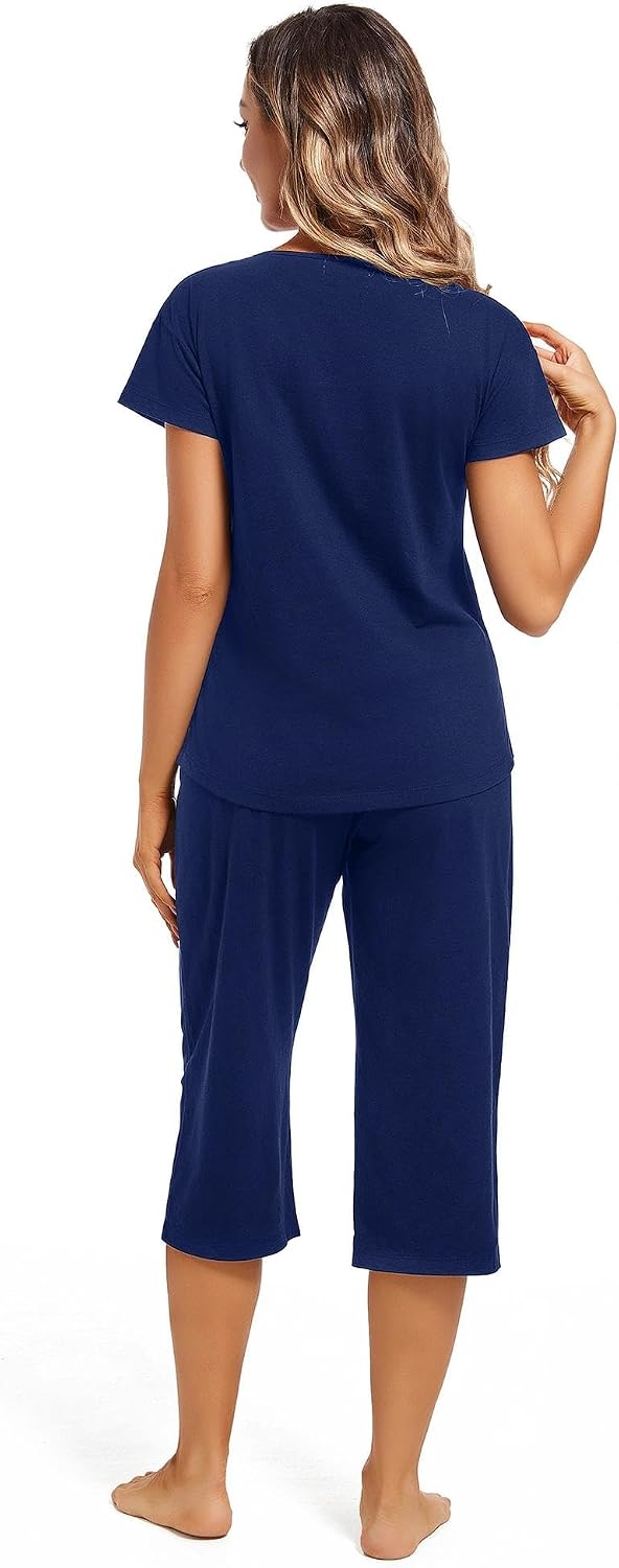 ENJOYNIGHT Womens Pajama Set Cotton Short Sleeve Top With Capri Pants Pj