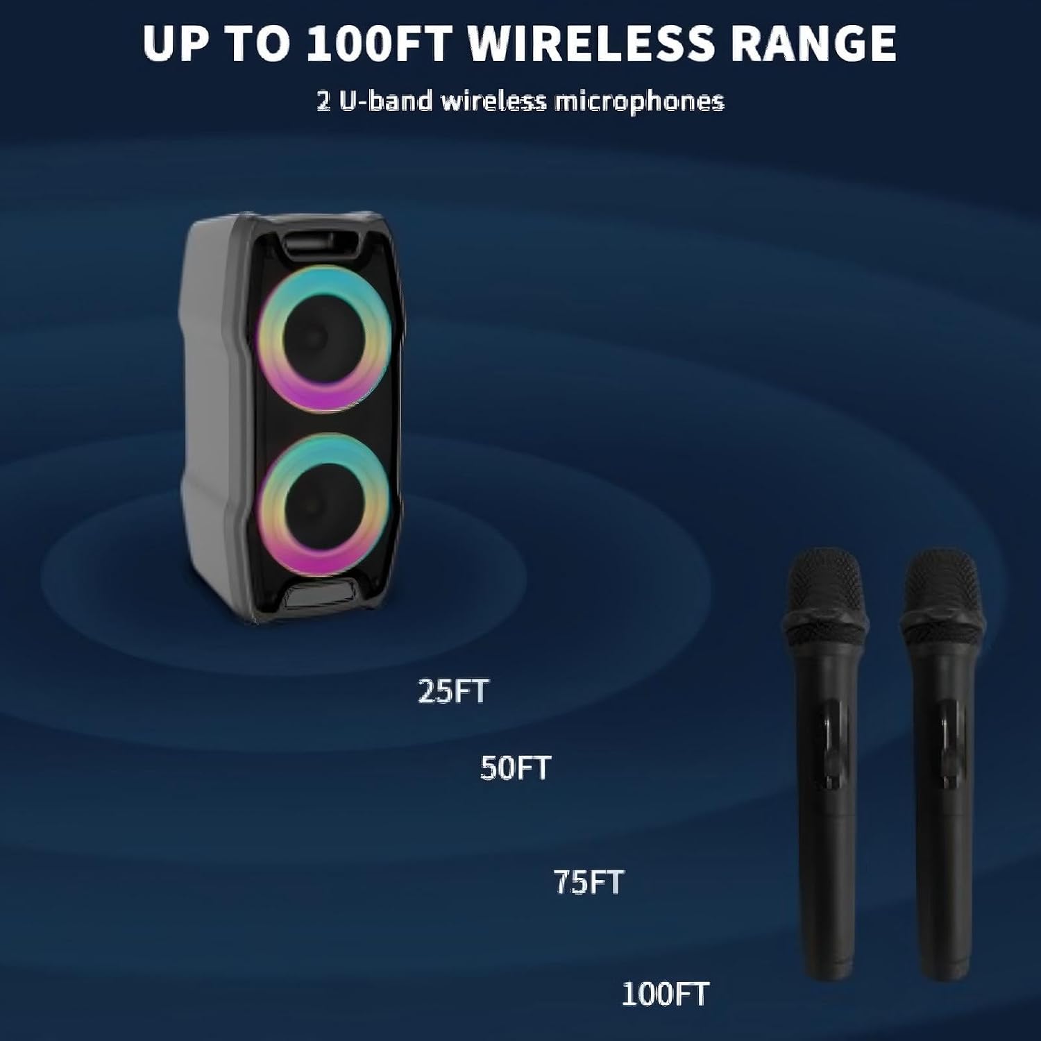 VeGue Karaoke Machine, Wireless Bluetooth PA System for Adults & Kids with Dual 8'' Subwoofers, 2 UHF Wireless Mics, Colorful LED Lights