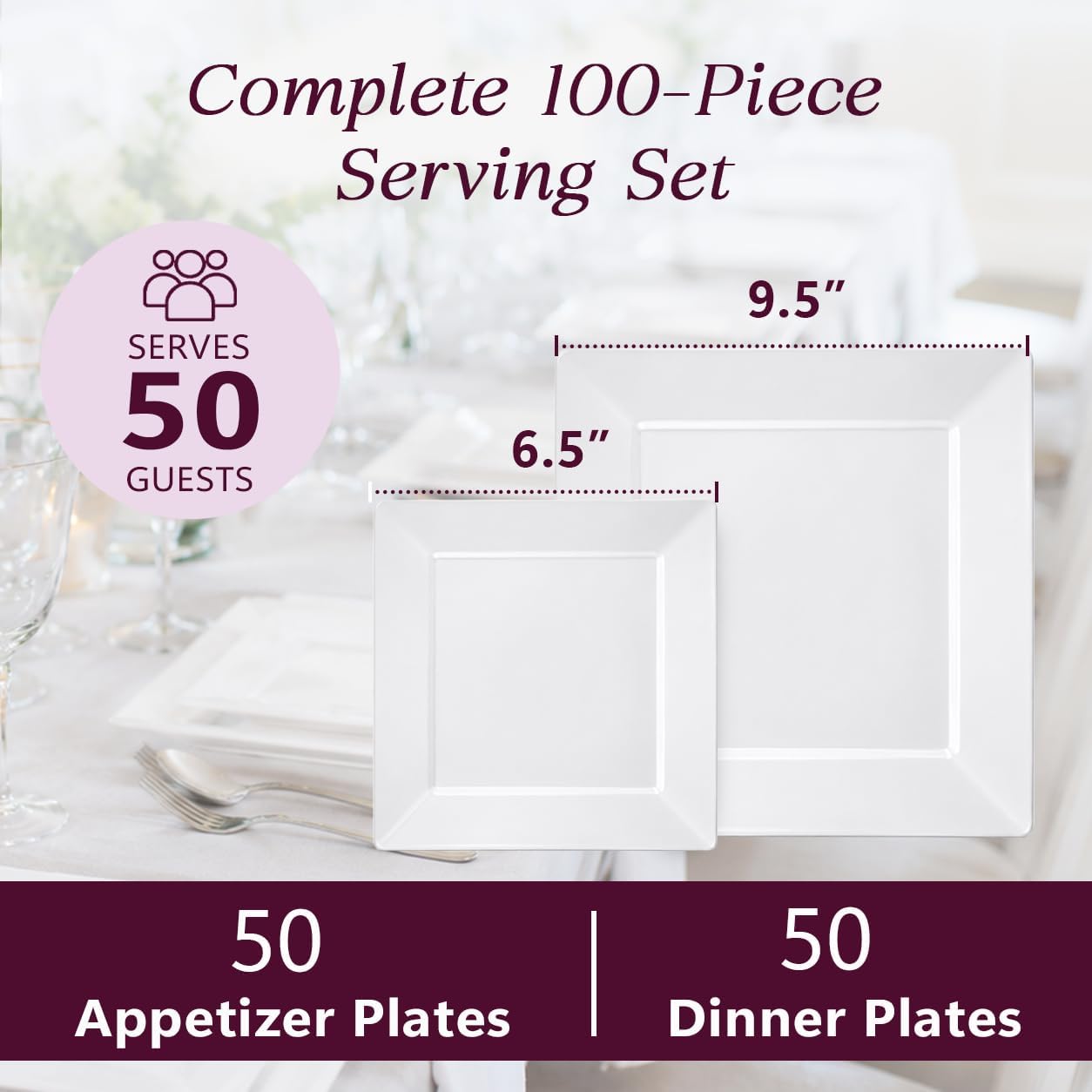 Aya's 60ct Square Plastic Disposable Plates, White - 9.5-Inch 30 Dinner and 6.5-Inch 30 Salad Plates for Party - Heavy-Duty Hard Plastic Design for Wedding, Event, Christmas, and Thanksgiving