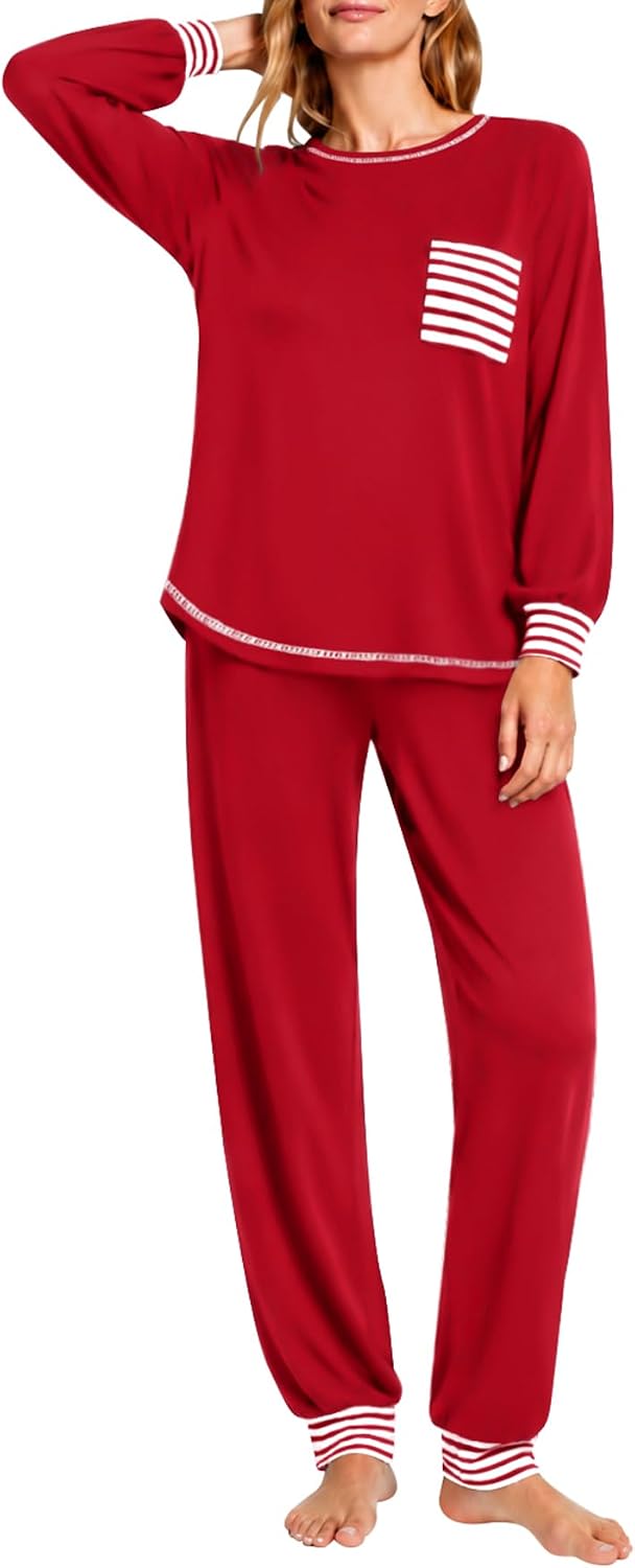 SWOMOG Women’s Pajamas Set Long Sleeve Sleepwear with Long Pants Soft Modal Loungewear Pj Set