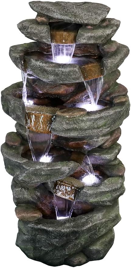 PeterIvan Outdoor Relaxing Waterfall - 6-Tier Fountain with 6 LED Lights, Stone-Liking Resin for Patio, Garden, House&Office (40.6in, Grey)