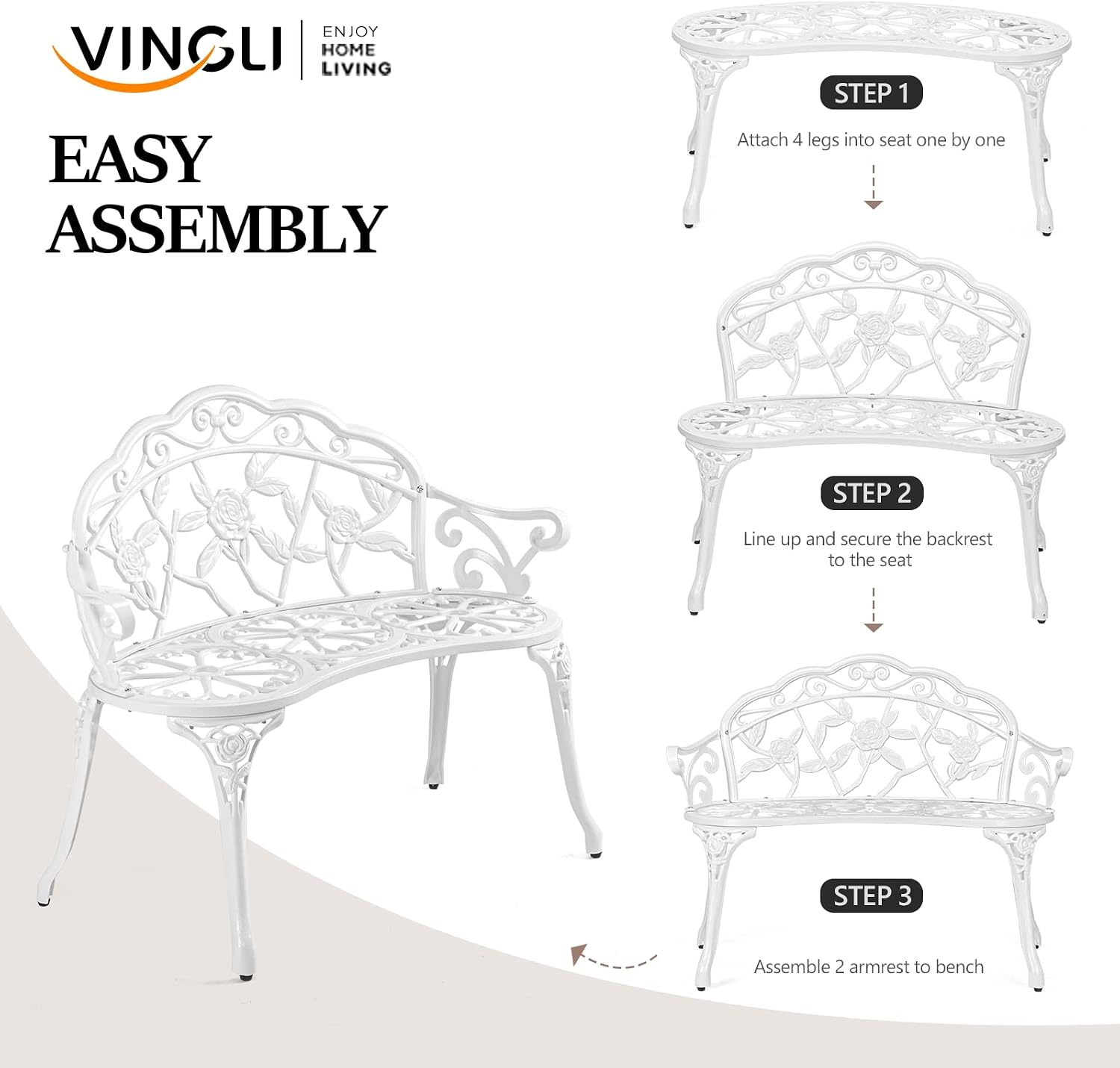VINGLI 38.5" Patio Park Garden Outdoor Metal Rose Bench, 2-Person Cast Iron Cast Aluminium Frame Antique Finish Chair,Accented Lawn Front Porch Path Yard Decor Deck Furniture (Bronze, Rose)