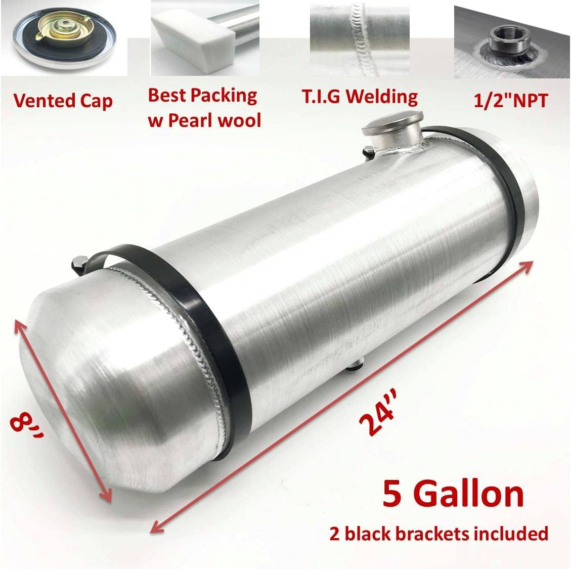 JSD 5 Gallons 8”x24“ Aluminum Spun Round Fuel Gas Tank Cell Fuel Tank with Bracket End Fill 1/4" NPT Outlet