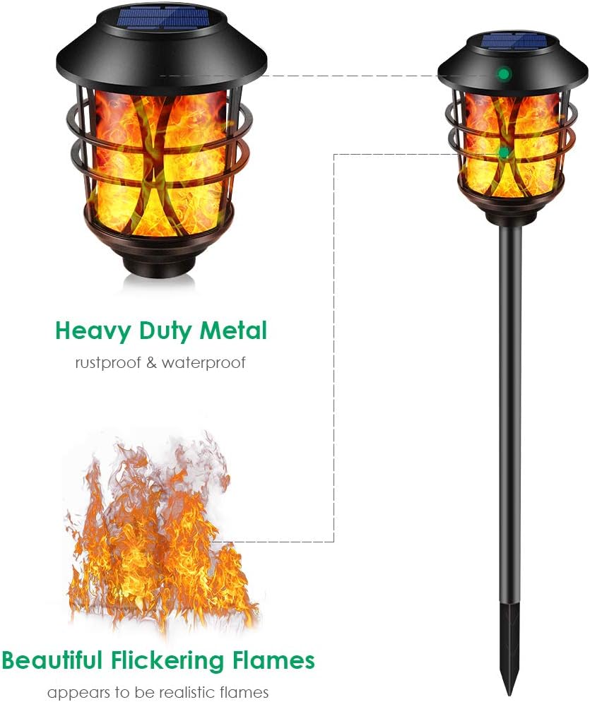 TomCare Solar Lights Outdoor Metal Flickering Flame Torch Lights, 4 Pack | Realistic Flame Effect, Heavy Duty, Charges in 6-8 Hours