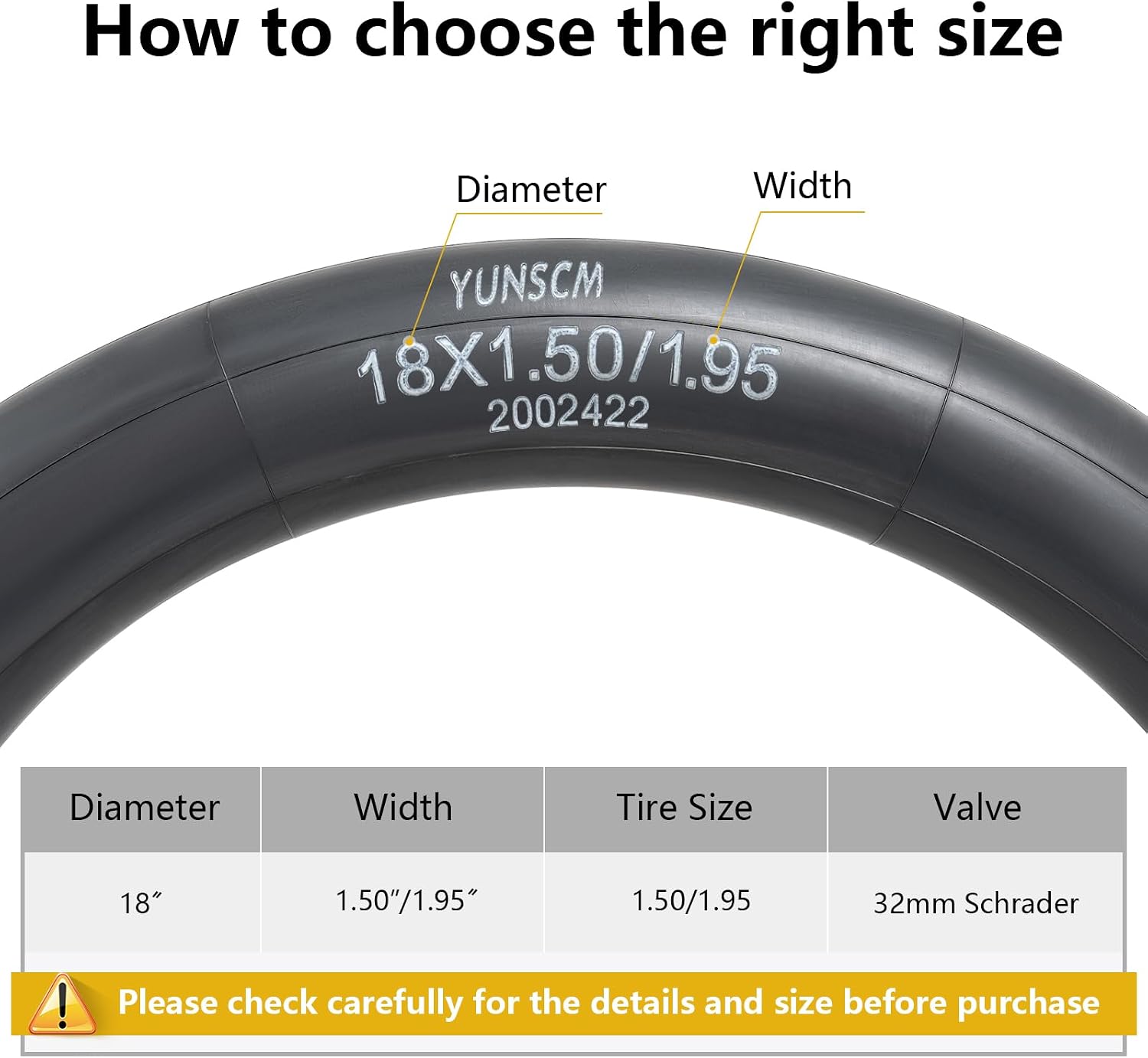 YUNSCM 2-PCS 18'' Bike Tubes 18x1.50/1.95-1.75/2.25 Heavy Duty 18" Bicyle Tubes Schrader Valve for 18x1.50/1.75/1.95/2.125/2.20/2.25 Bike Bicycle