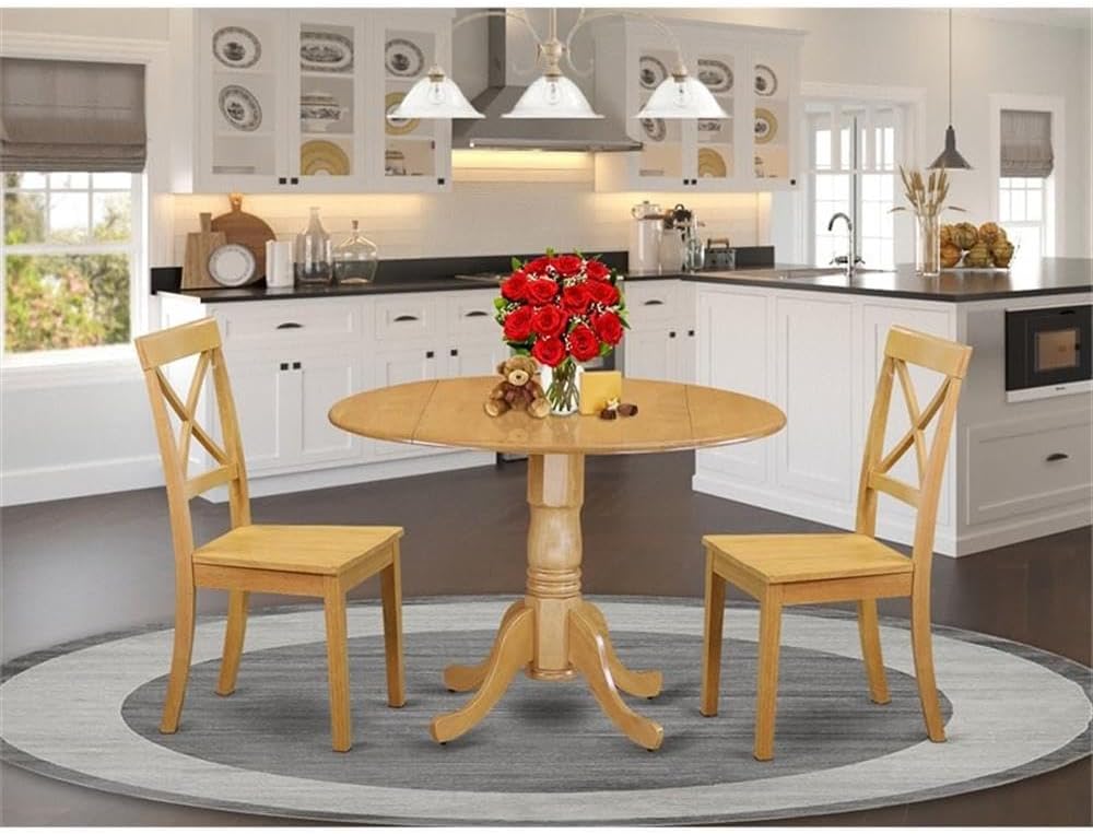 East West Furniture DLBO3-WHI-W 3 Piece Dining Room Table Set Contains a Round Kitchen Table with Dropleaf and 2 Dining Chairs, 42x42 Inch, Linen White