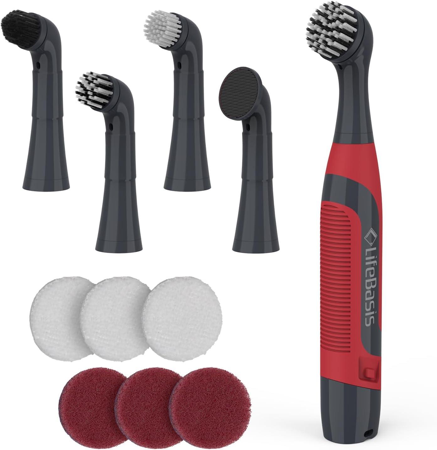 LifeBasis Cordless Electric Cleaning Brush | Power Scrubber with 5 Replacement Brush Heads for Bathroom Kitchen Grout Tile Crevice Corner (Batteries