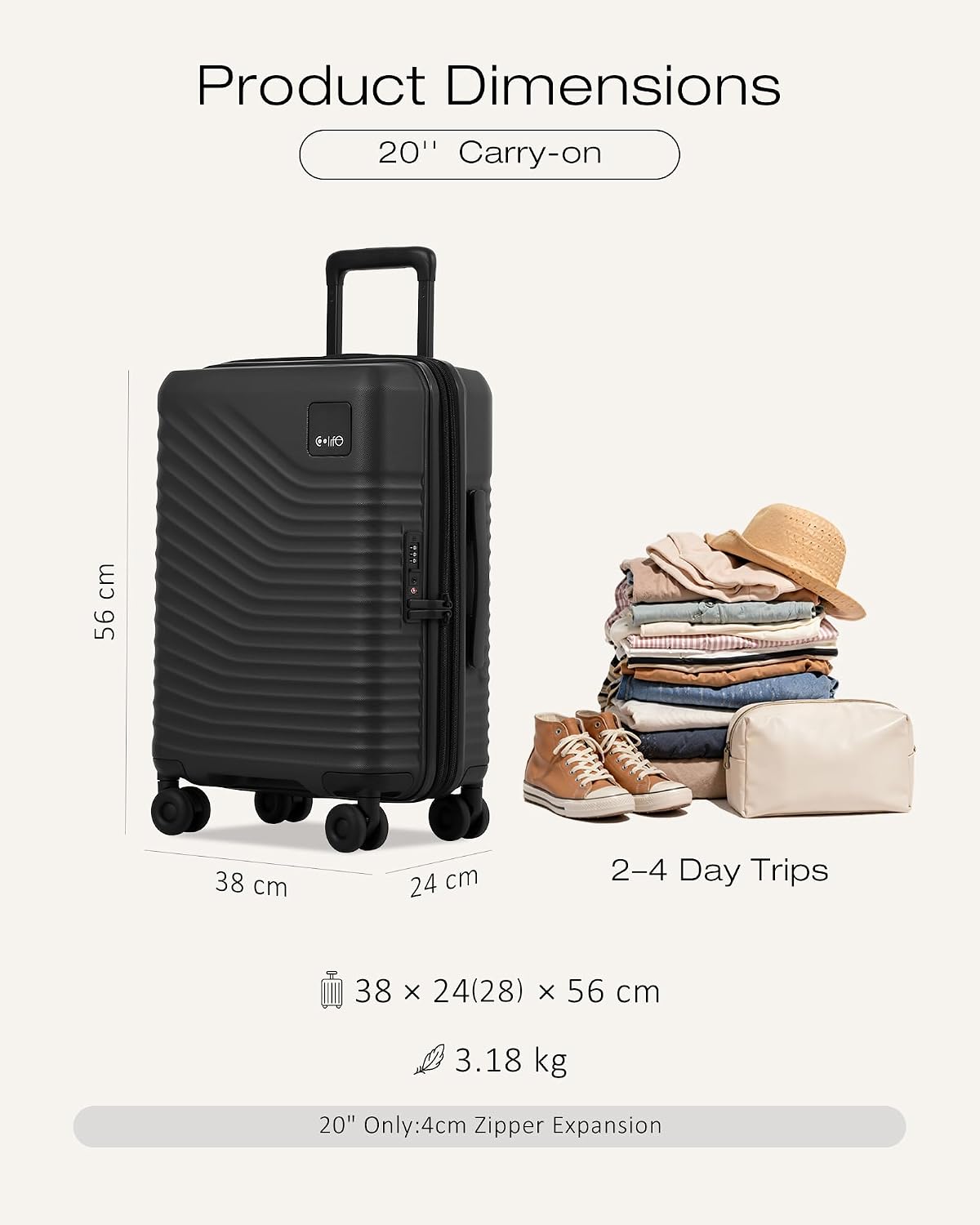 Coolife Luggage Carry-On, Lightweight PC Hardside Suitcase, 20-Inch, Black | Expandable Carry-On, Dual Spinner Wheels, TSA-Approved Lock, Upgraded PC Hardshell, Durable Travel Suitcase