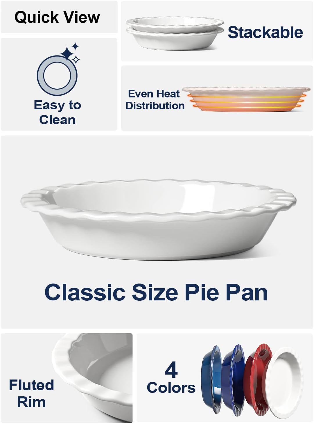 LE TAUCI Ceramic Pie Pans Plate for Baking, 9 inch Deep Dish Baking Dish, 52 ounce Bakeware for Apple Pecan Pie, Set of 2, White