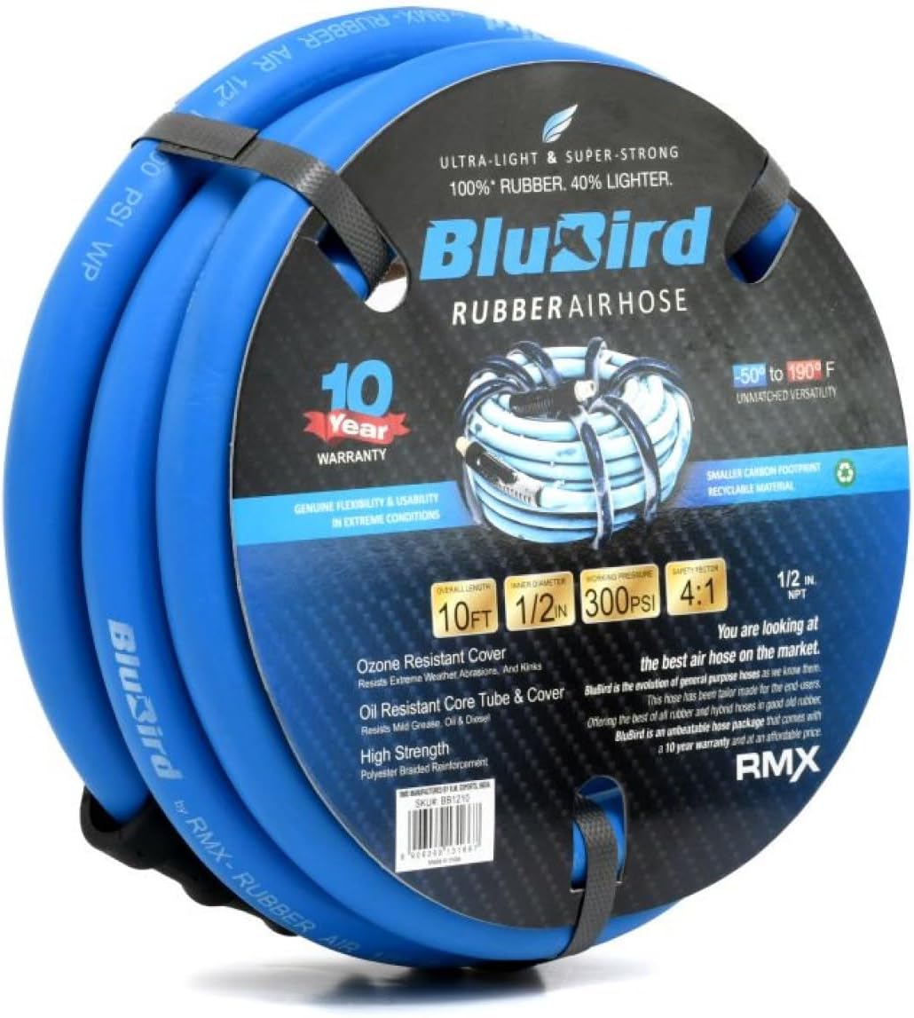 BLUBIRD BB1250 1/2" x 50' Rubber Air Hose, 100% Rubber, Lightest, Strongest, Most Flexible, 300 PSI, 50F to 190F Degrees, Ozone Resistant, High Strength Polyester Braided