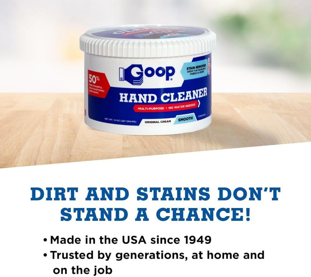 GOOP Multi-Purpose Hand Cleaner- Waterless Hand Degreaser, Laundry Stain Remover - NonToxic and Biodegradable Cleaner Remove Dirt, Oil, Paint, Ink, and Clothes Stains Original, 14oz Pack of 1