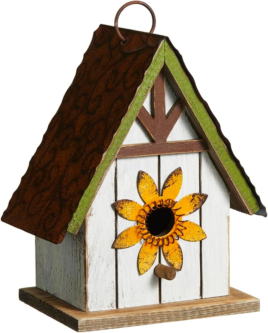 Glitzhome Bird Houses for Outside,10" H Rustic Wooden Bird House Garden Distressed Decorative Birdhouse for Outdoors, Hanging Birdhouse for Bluebird Hummingbird Wren Finch Cardinals Cedar