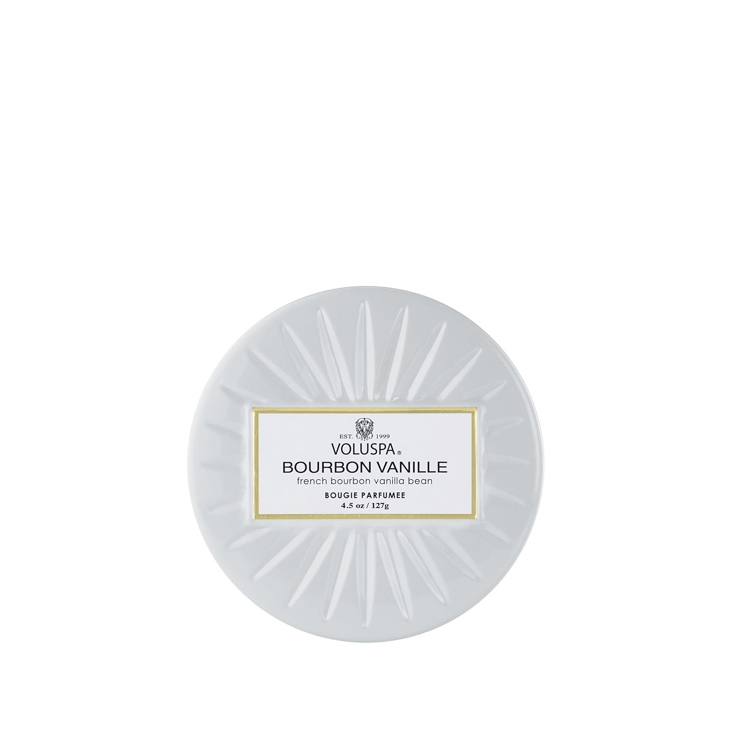 Voluspa Bourbon Vanille, Mini Tin Candle, 4 oz, 25 Hour Burn Time, Coconut Wax for Clean Burning, Handcrafted in the USA