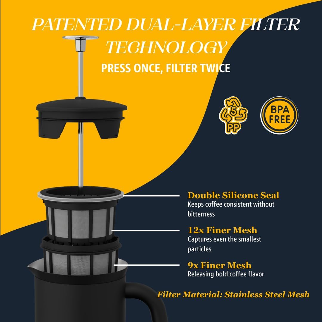 ESPRO P7 French Press, 18oz, Brushed, Stainless Steel Coffee Maker | Double Filter Coffee Press, Grit-Free Coffee, Heat Resistant Insulated tea Press, Easy Hot and Cold Coffee Brewer, Tea Brewer