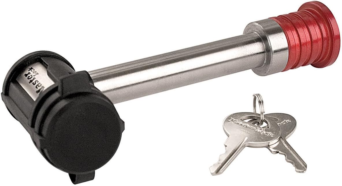 Master Lock Silver and Red Receiver Lock, Stainless Steel Barbell™ Hitch Pin Lock, Fits 5/8 in. Receivers
