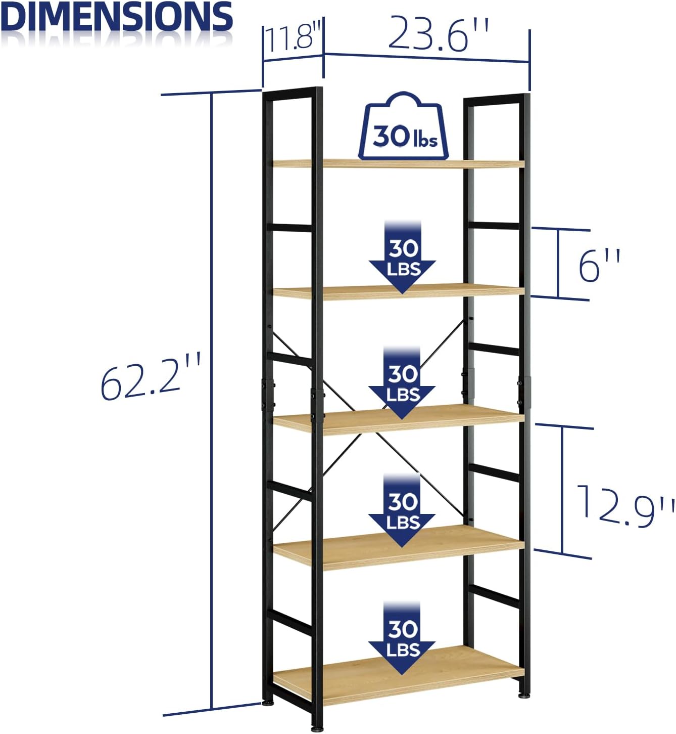 NUMENN 5 Tier Bookshelf, Tall Freestanding Open Storage Bookcase, Vintage