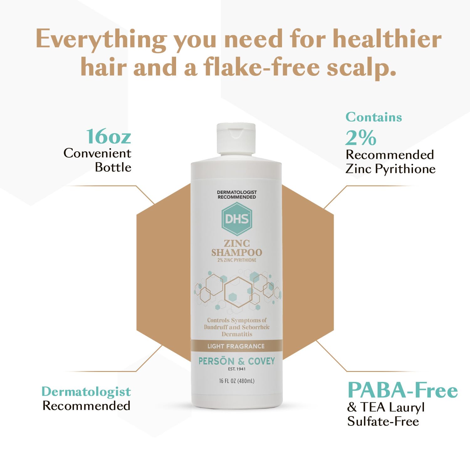 DHS Zinc Shampoo – Dandruff Shampoo – for Flaky and Dry Scalp with 2% Zinc Pyrithione, 8 oz