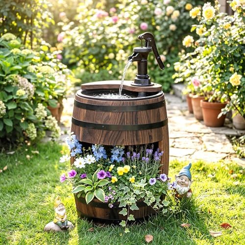 Outsunny 23" H Outdoor Water Fountain Wood and Plastic Rustic Apple Barrel | Pump, Garden Decor, Outside Backyard
