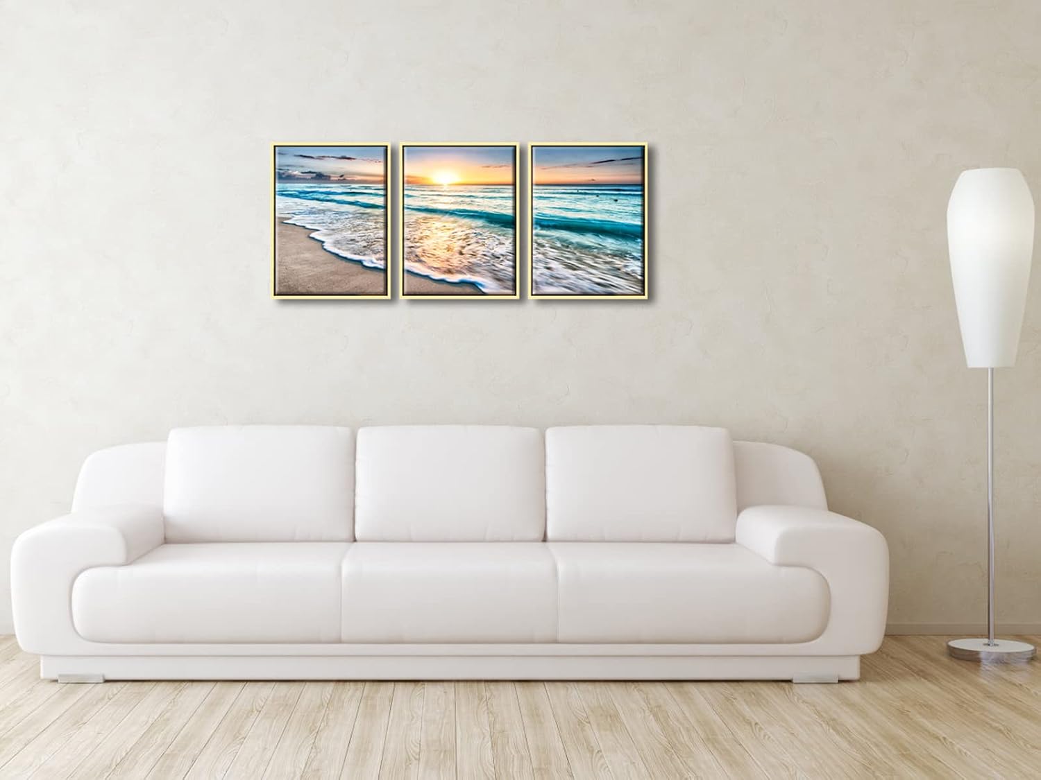 Wieco Art 3 Panel Blue Beach Canvas Wall Art for Home Decor Sunset White Wave Beach Pictures on Canvas Sea View Canvas Prints Artwork for Wall Decor