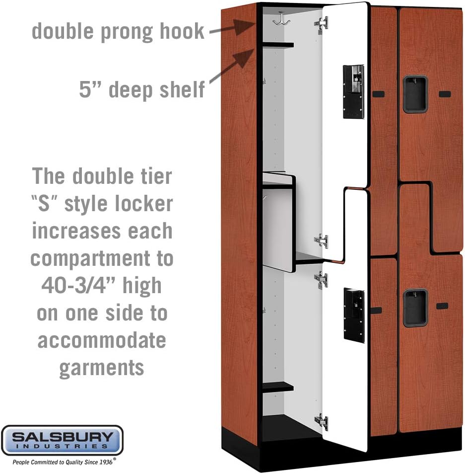 Salsbury Industries 2-Tier S-Style Designer Wood Locker with Three Wide Storage Units, 6-Feet High by 18-Inch Deep, Mahogany