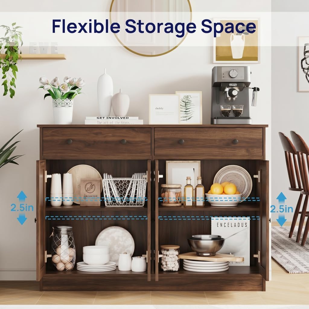 holzart White Buffet Cabinet with Storage, 49" Modern Kitchen Sideboard with 4 Doors & Adjustable Shelves, Wood Coffee Bar Cabinet Console Table for Dining Room, Living Room, Entryway