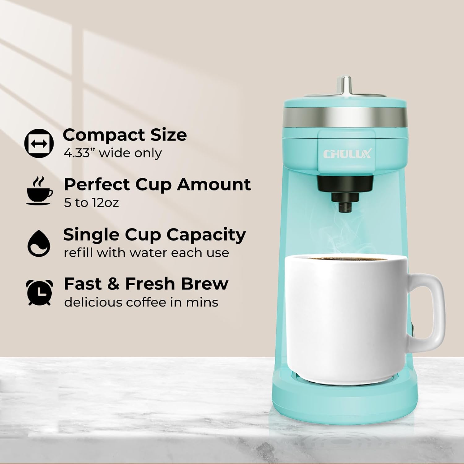 CHULUX Mini Single Serve Coffee Maker for K Pod, Brew Up to 12oz Cup, Black | Fast-Heating Boiler System, Single Cup Brewing, Portable Compact Design, Four-Hole Multi-Stream Needle, Adjustable Drip Tray