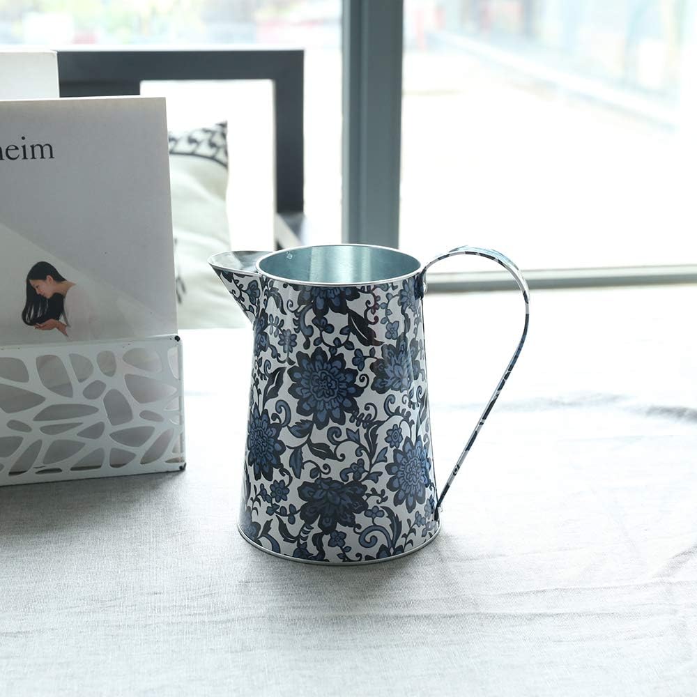 Shabby Chic Watering Can Galvanized Finish Metal Vase Country Rustic Pitcher Primitive Jug Decorative Flower Holder, 7.1" H