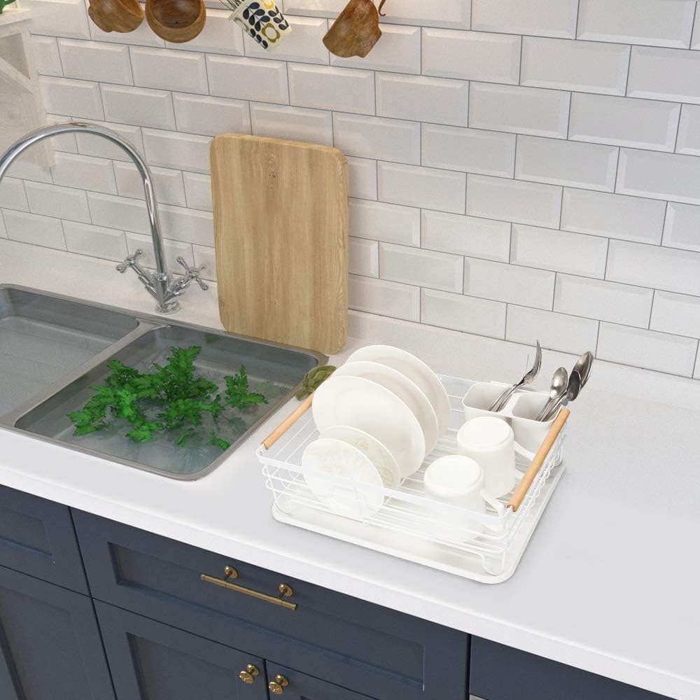 Dish Drying Rack with Wood Handle, Drain Board, White