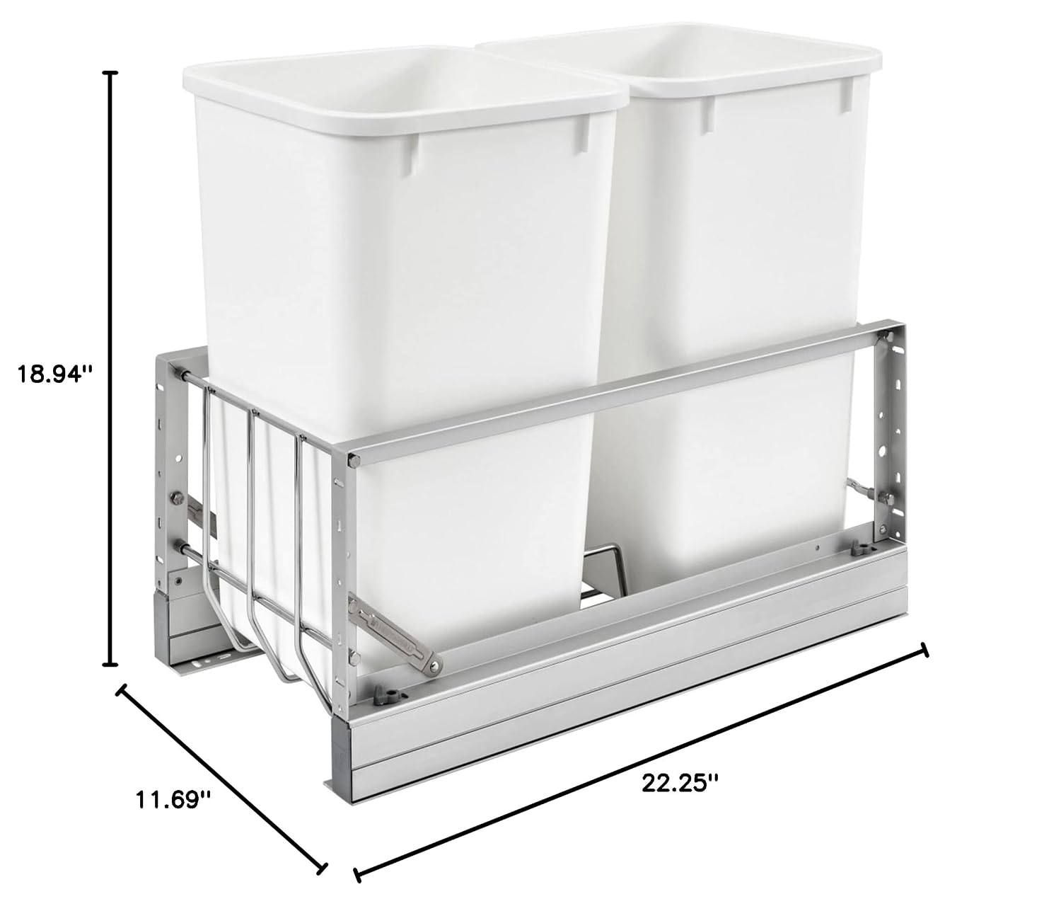 Rev-A-Shelf 35 Qt Aluminum Bottom Mount Double Pullout Waste Container w/Soft-Close for Base Kitchen Cabinets, Min. 15" Opening Width, Silver & White, 5349-15DM18-2