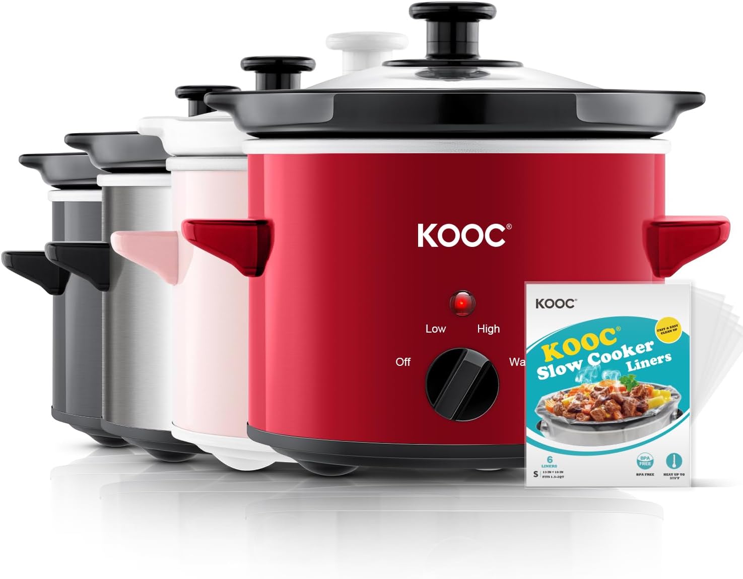 KOOC Small Slow Cooker, 2-Quart, Free Liners Included for Easy Clean-up, Upgraded Ceramic pot, Adjustable Temp, Nutrient Loss Reduction
