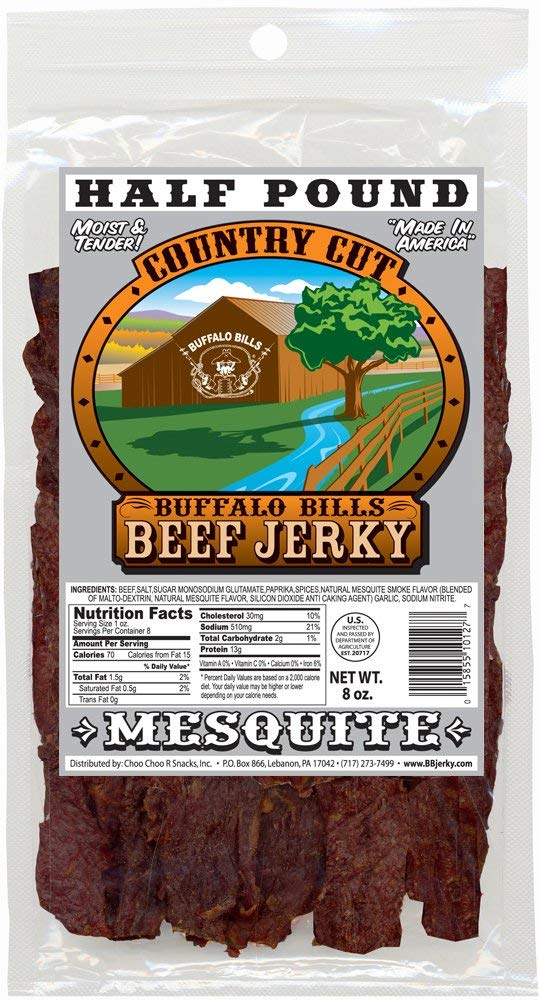 Buffalo Bills Mesquite Country Cut smoked Beef Jerky, Moist & Tender, 8 Oz | Mesquite Beef Jerky, Made In USA, High Protein, Low Carb, For Work, Trips, On-The-Go Snacking, Smoky Flavor, Hot Snacks