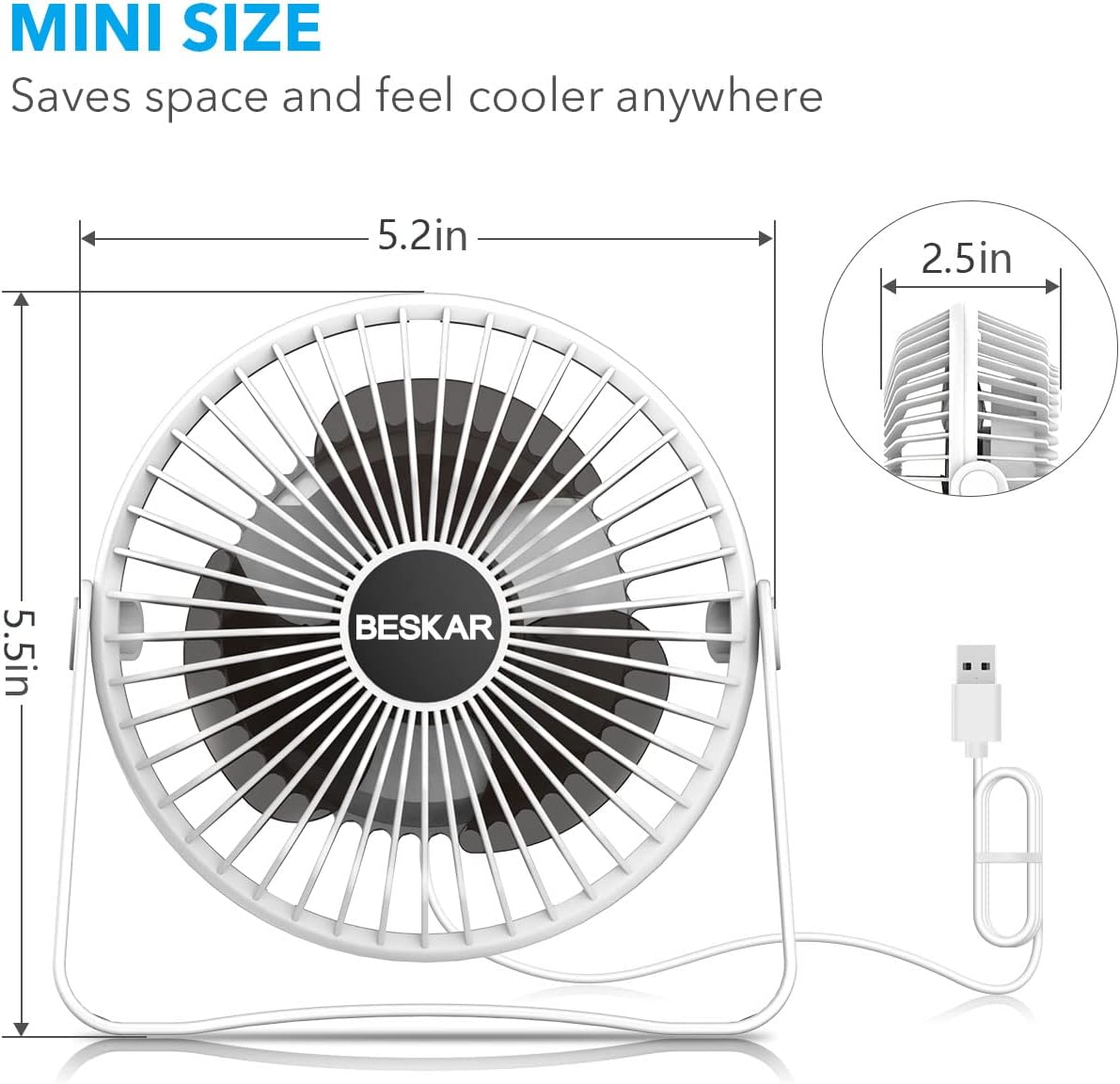 BESKAR USB Small Desk Fan, Portable Table Fans with 3 Speeds Strong Airflow