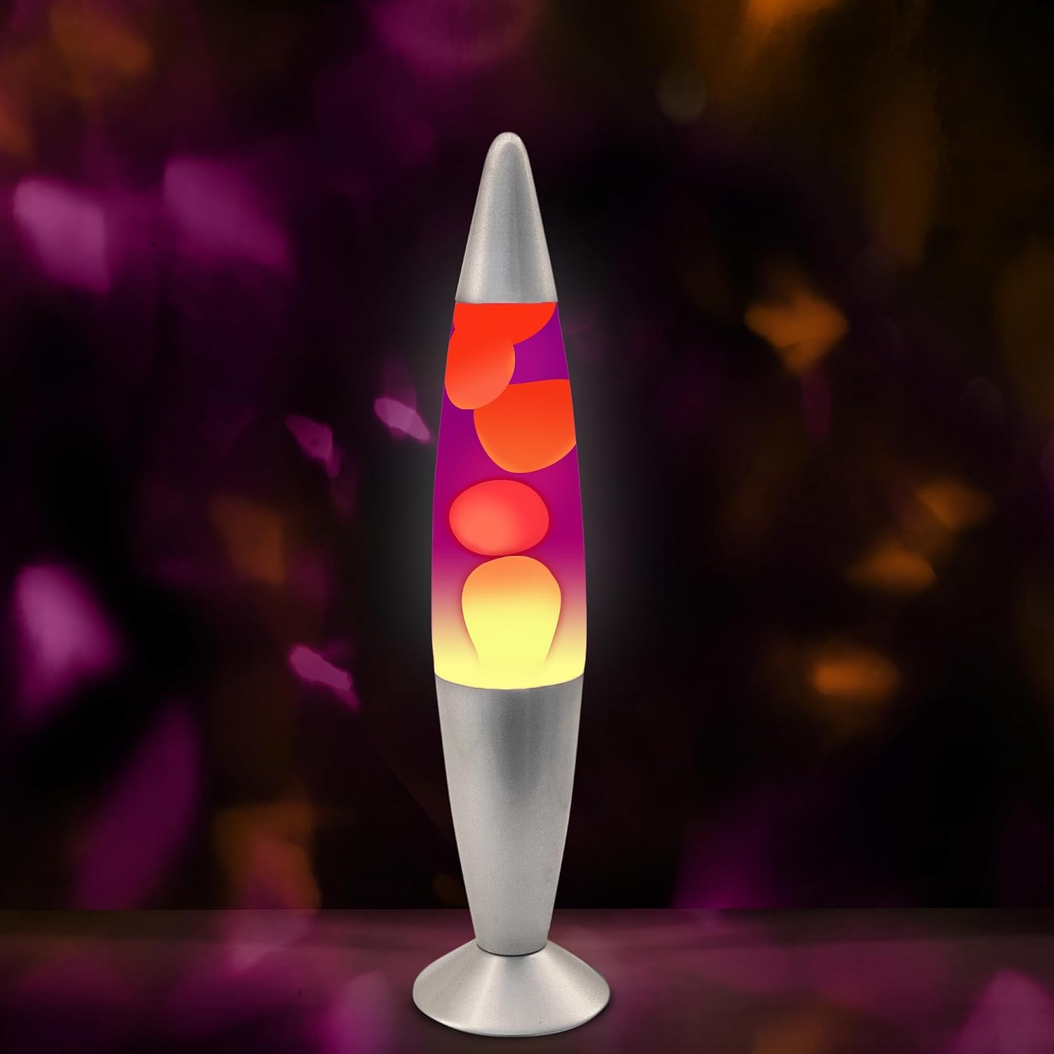 JAMBO 16" Beautiful Lamp- Purple with Yellow/Orange Wax, Relaxing Liquid Light, Night Light Nightlight