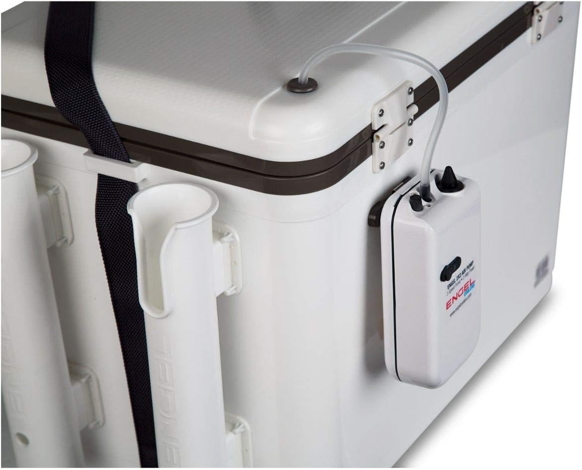 Engel 30qt Live Bait Cooler Box with 2nd Gen 2-Speed Portable Aerator Pump and 4 x Fishing Rod Holder Attachments. Fishing Bait Station and Minnow