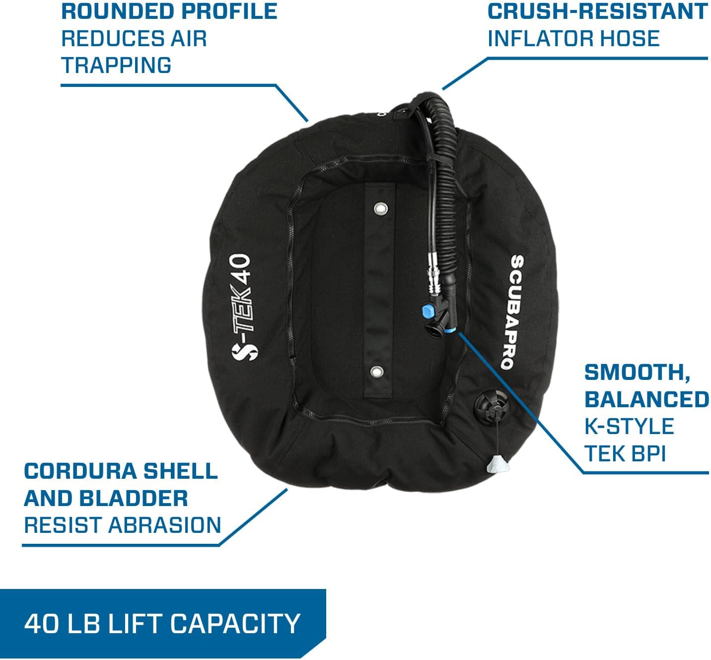 SCUBAPRO S-Tek Pro System for Technical Scuba Diving, Harness with Back Plate in Stainless Steel, Donut Wing 40 lbs/18kg, Includes Black Color Kit