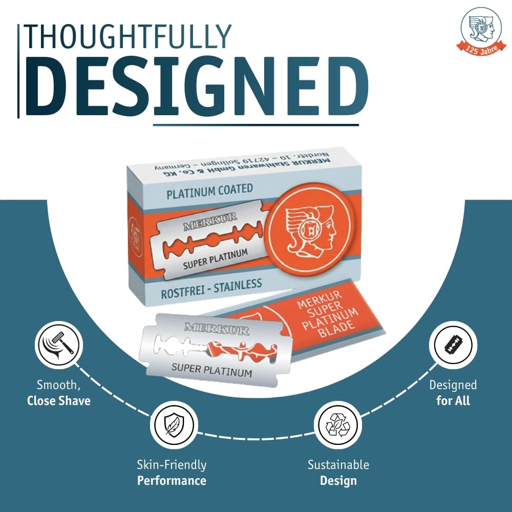 MERKUR SUPER Double Edge Safety Razor Blades, 10 Count (Pack of 3), Precision Stainless Steel Blades with Platinum and Teflon Coating