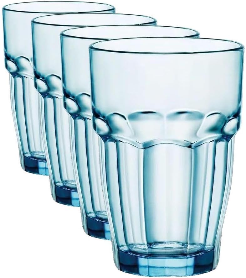 Bormioli Rocco Rock Bar 12.5 oz. Long Drink Stackable Tempered Beverage Glasses for Cold Drinks, Water, and Cocktails, Set of 6, Ice Blue
