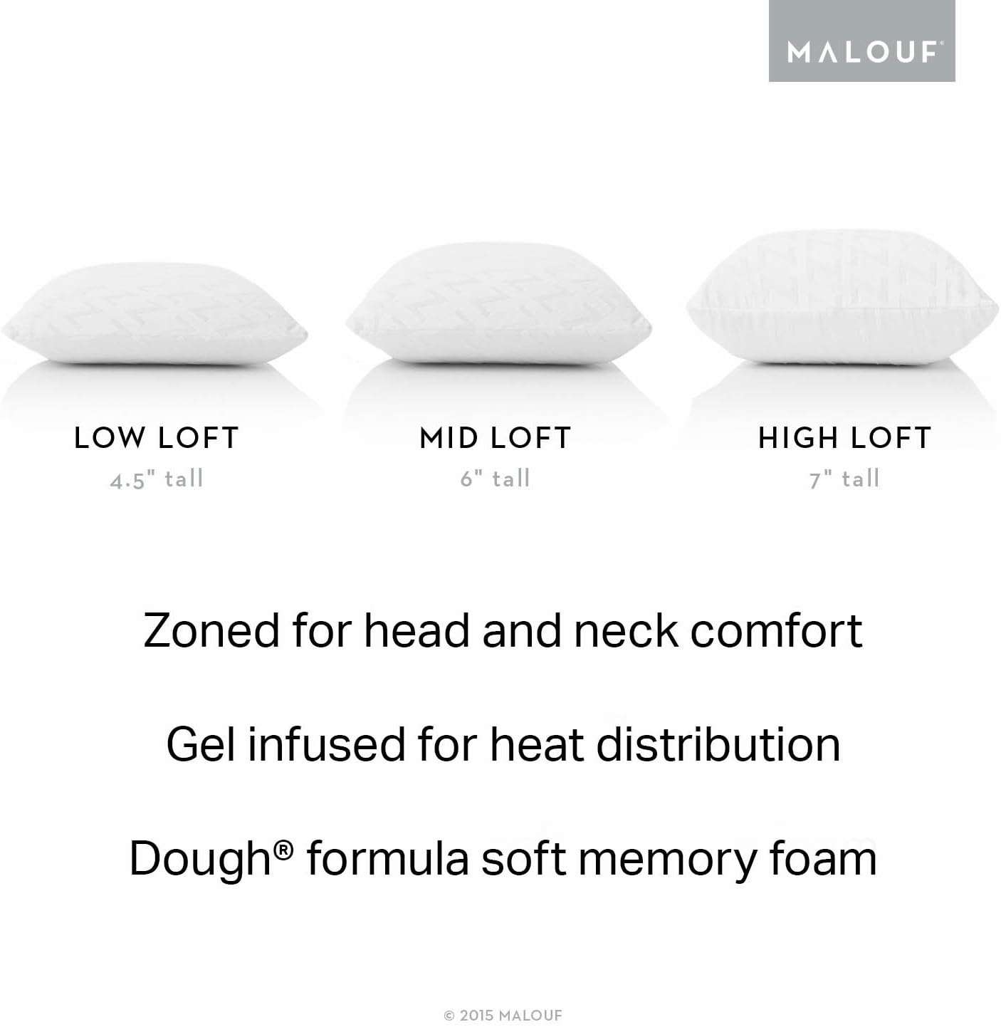 MALOUF Zoned Dough Gel-Infused Memory Foam Bed Pillow-5-Year U.S. Warranty-Queen-Mid Loft, Queen Mid Loft
