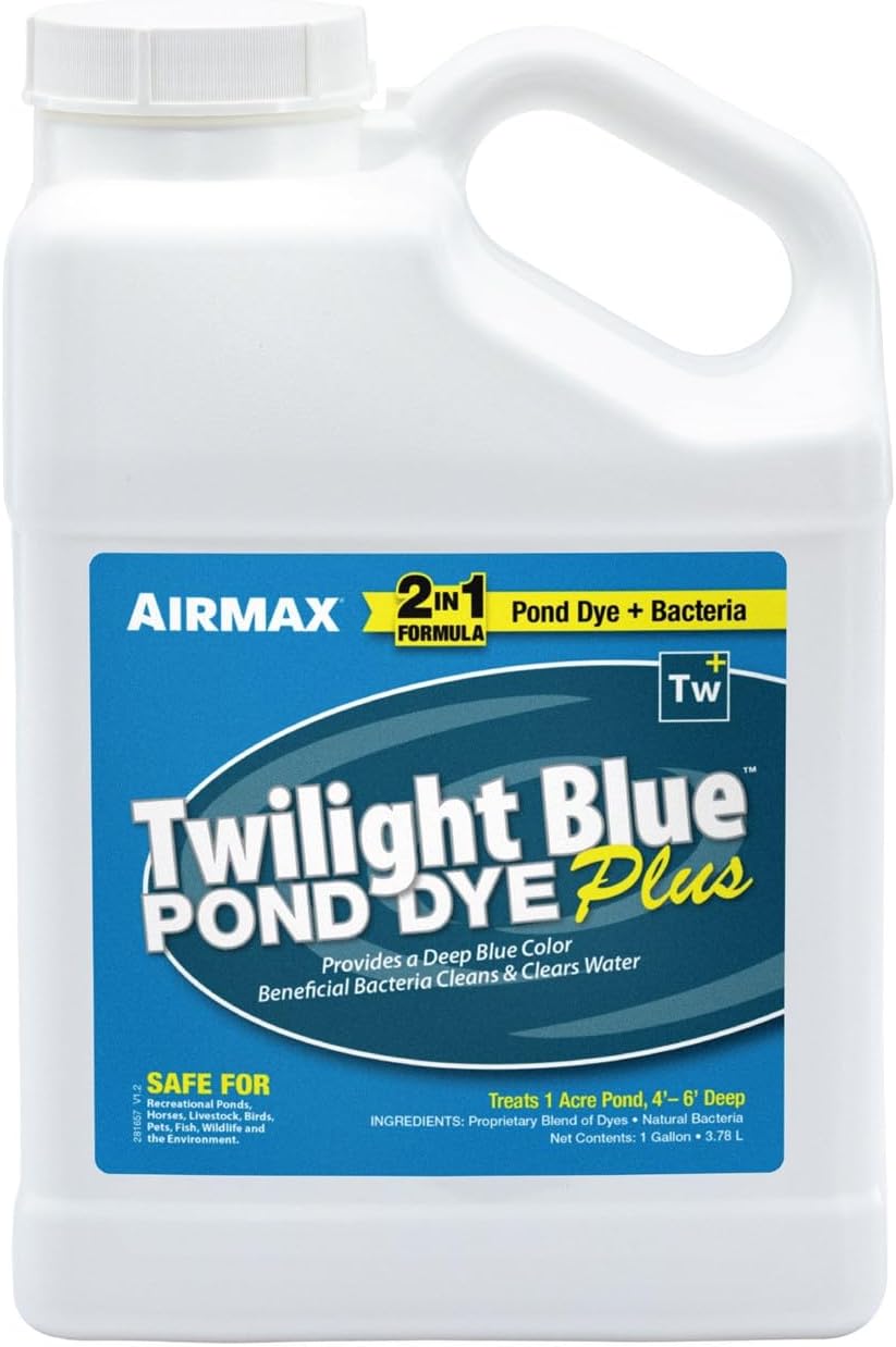 Airmax Pond Dye Plus, Nature's Blue Pond & Lake Water Colorant, 1 Gallon | Natural beneficial bacteria clarifier shades plants and algae from sunlight; fish and livestock safe