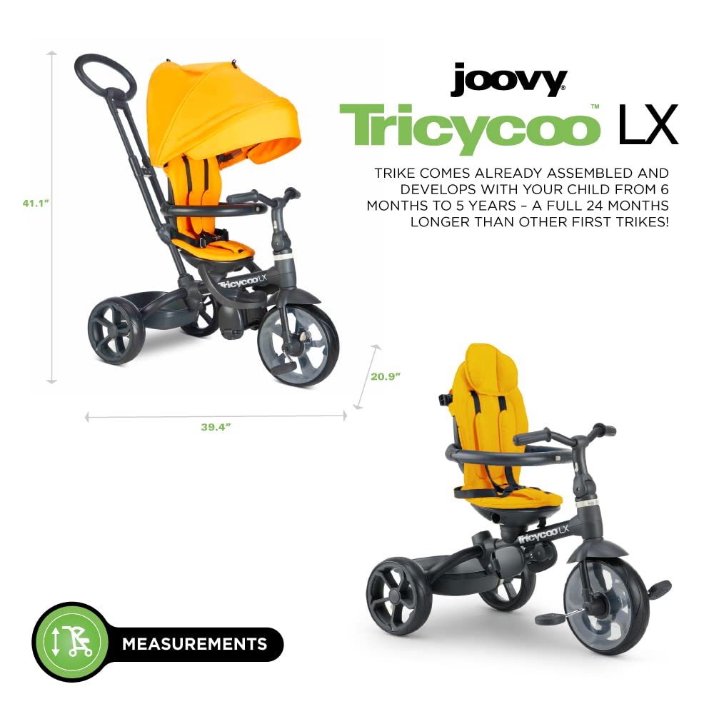 Joovy Tricycoo 4.1 Kids Tricycle with 4-Stages Featuring Extra-Wide Front Tire, Removable and Adjustable Parent Handle, Safety Harness